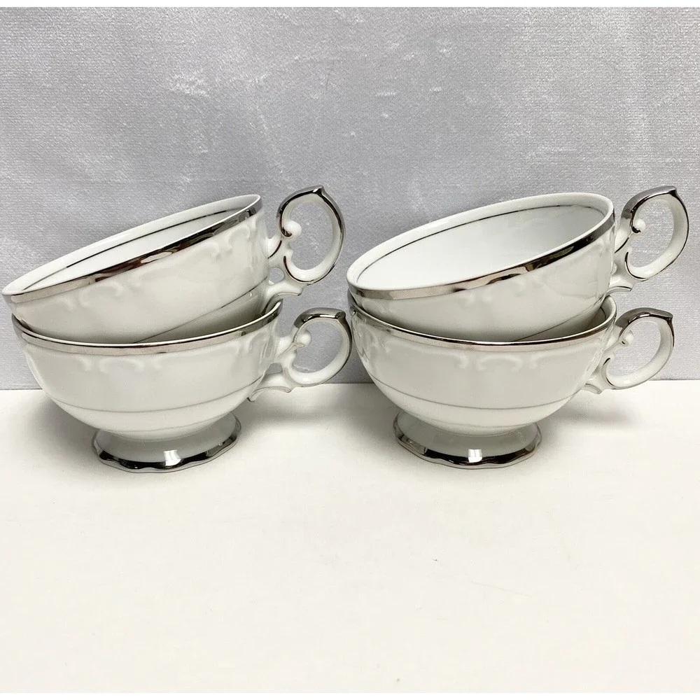 4‎ Vintage Fine China Harmony House Silver Sonata Tea Cups Mug 3639 Cups Only